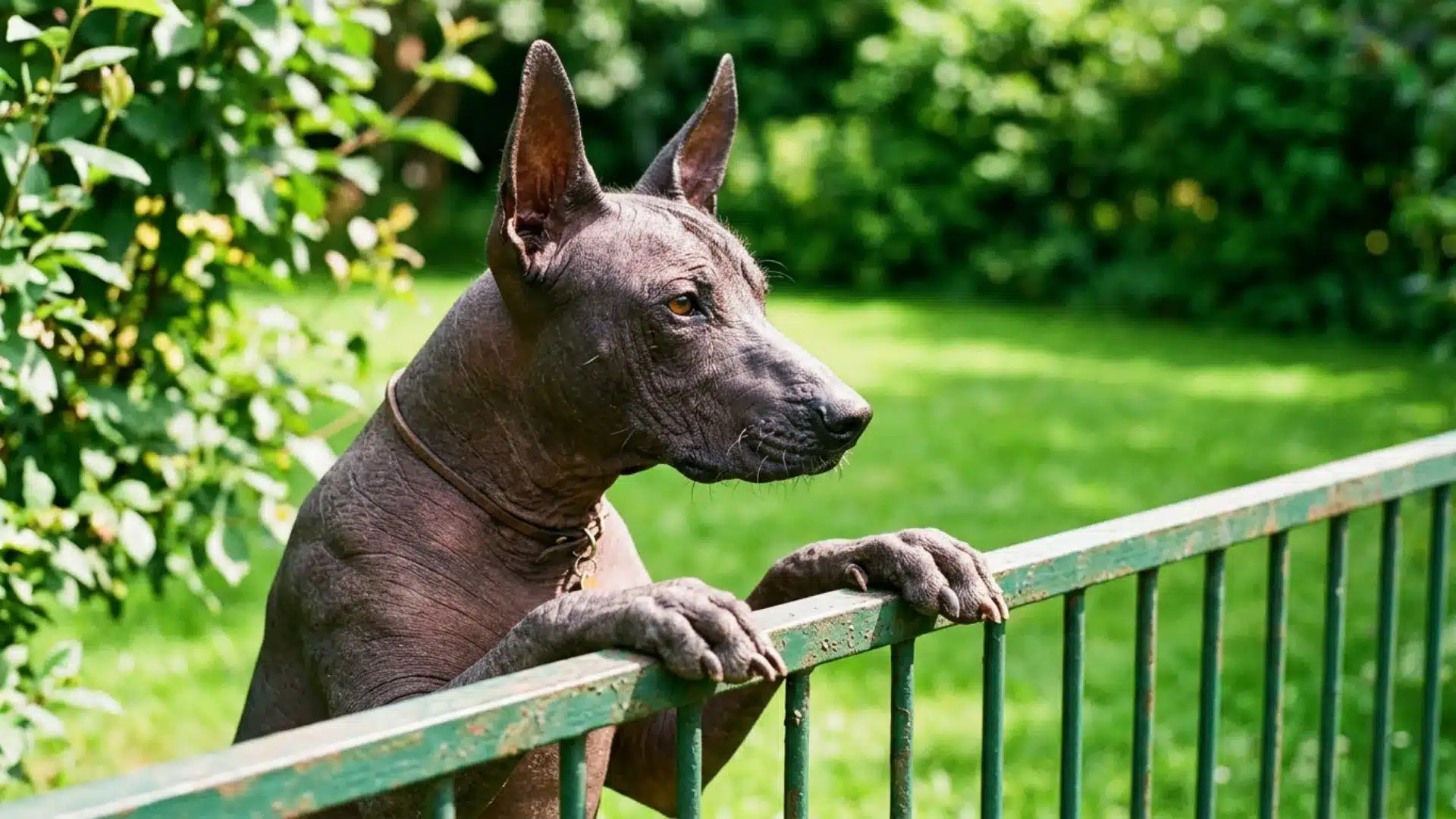 Hairless Xoloitzcuintli dog standing behind a green metal fence in a sunny garden