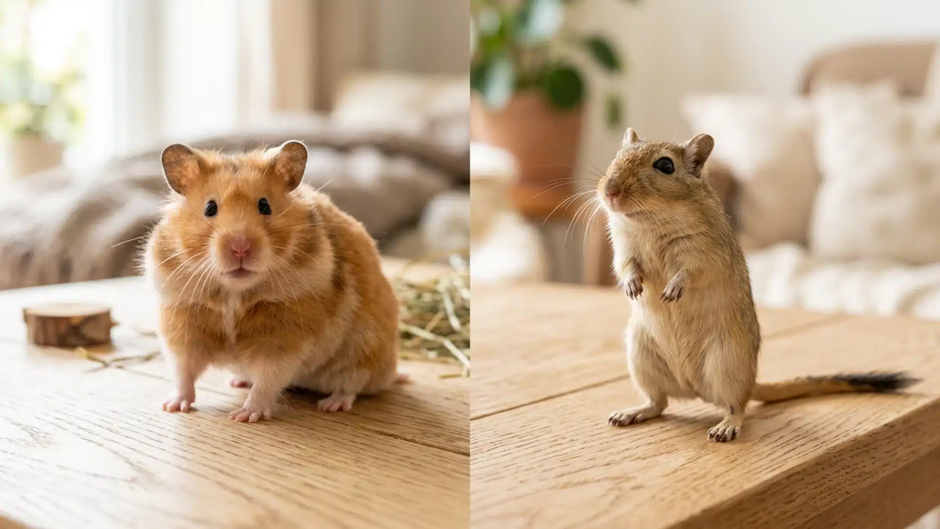 Hamster vs gerbil side by side on wooden surface showing body shape and tail length differences