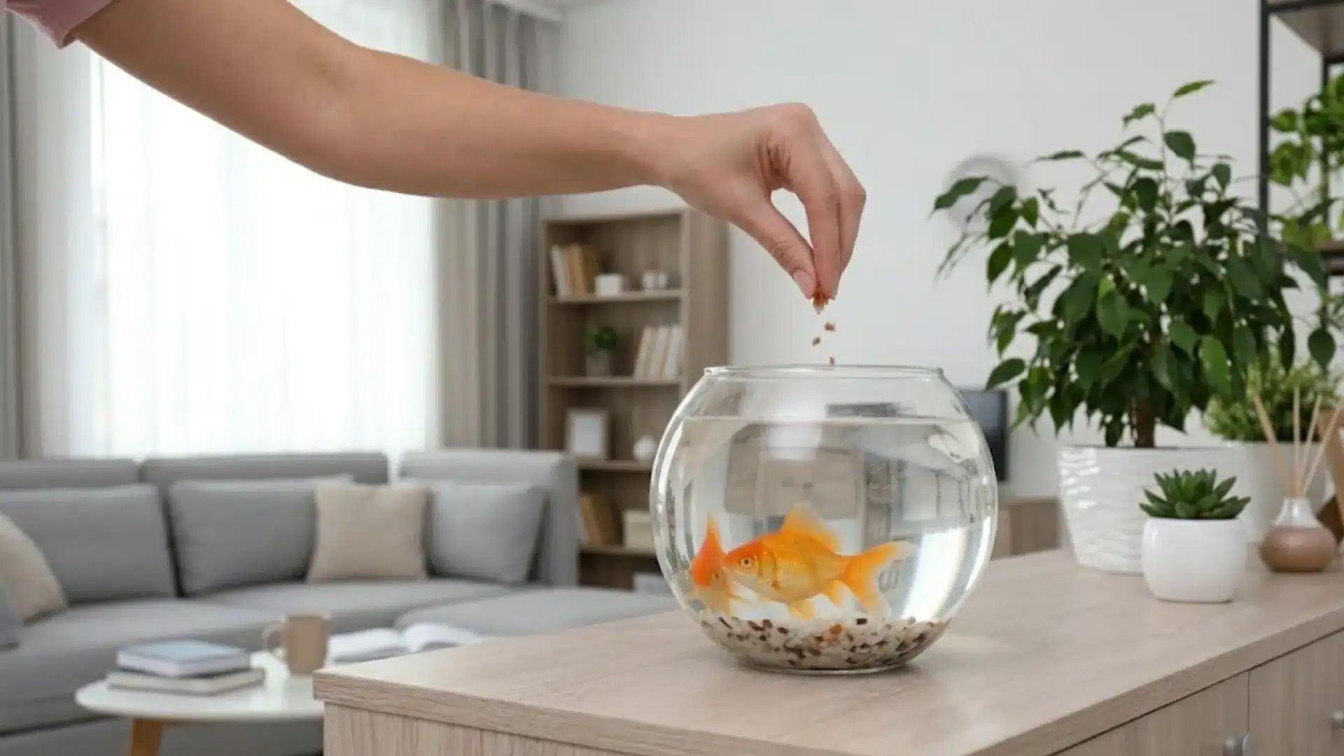 Hand feeding two goldfish in a glass bowl on a table in a modern living room