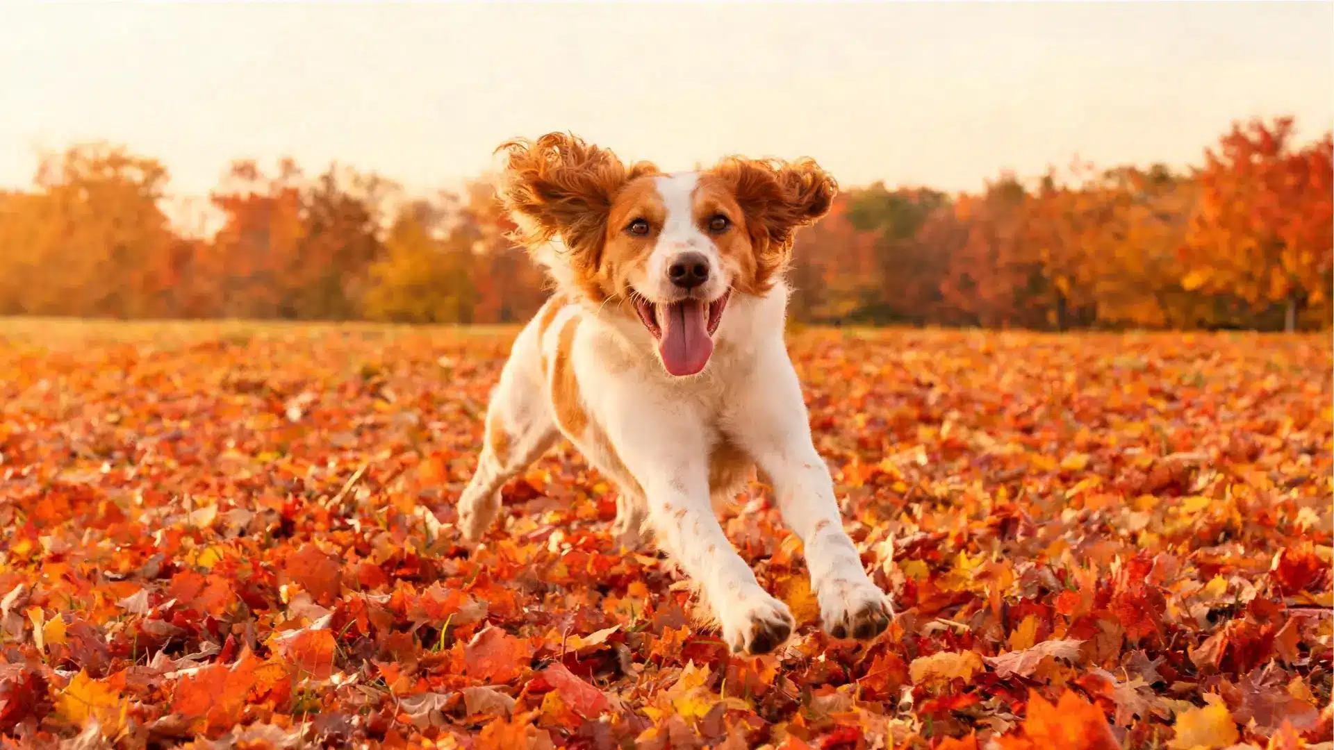 Happy dog running through autumn leaves.