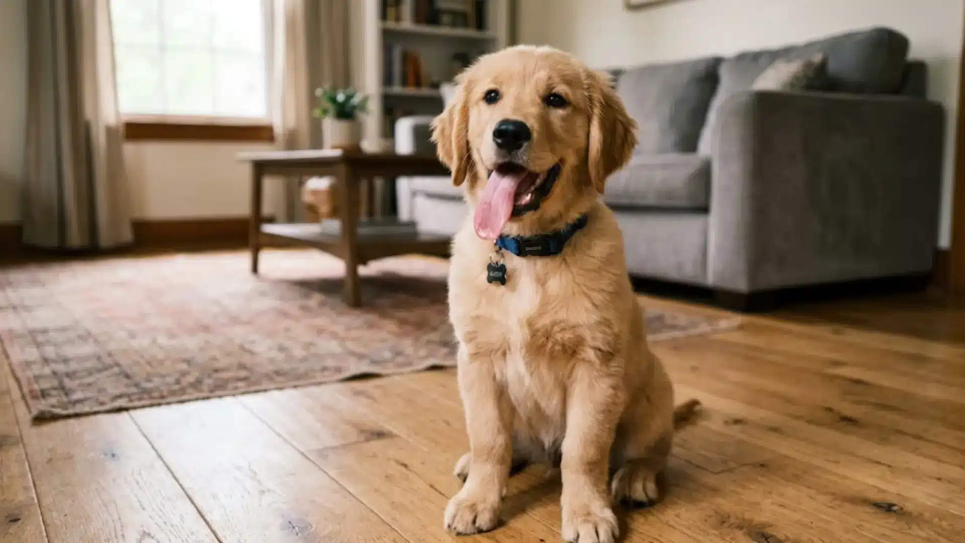 Happy Golden Retriever puppy sitting on a hardwood floor, sticking its tongue