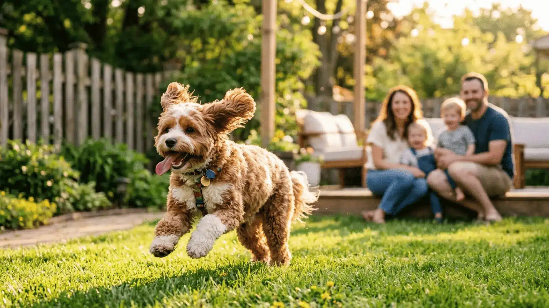 Happy Cavapoo running in a sunny backyard, showing the breed's playful and energetic temperament