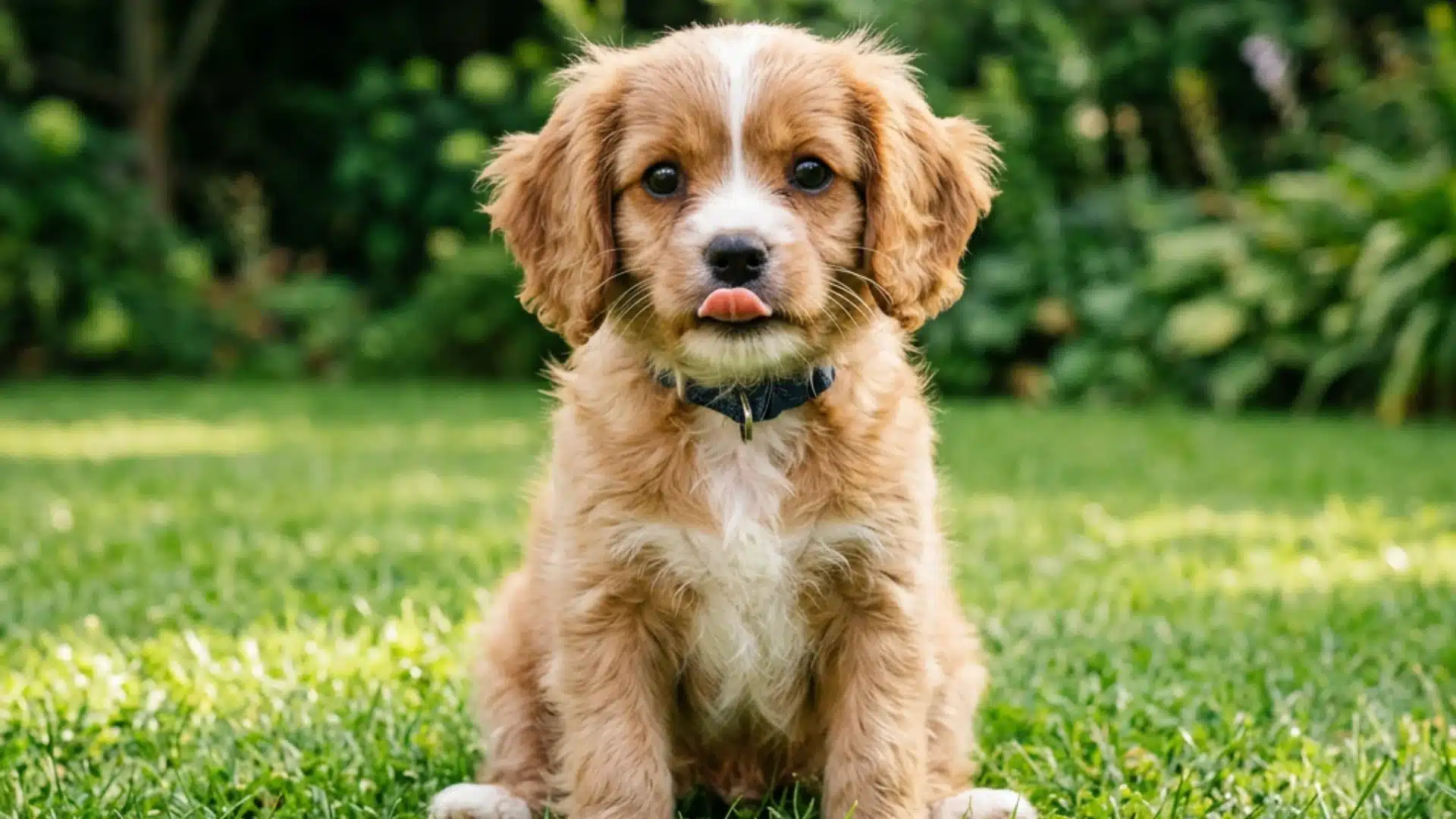 Havanese puppy sitting on grass in a garden with tongue out and soft greenery behind