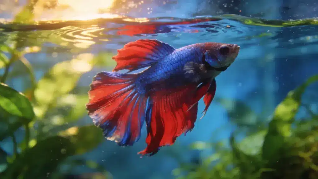 Healthy male betta fish swimming in a warm, well-maintained freshwater tank with aquatic plants