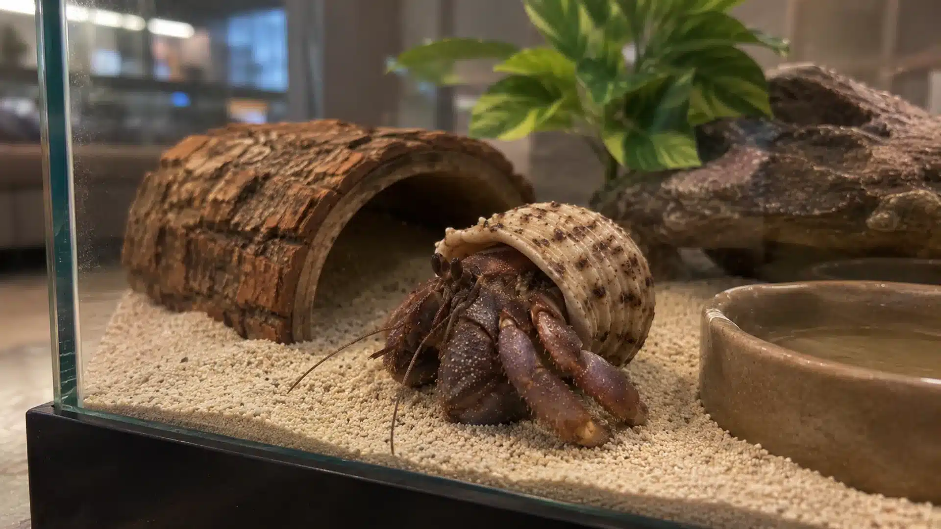 hermit crab inside a home glass terrarium with sand, log hide, and water dish