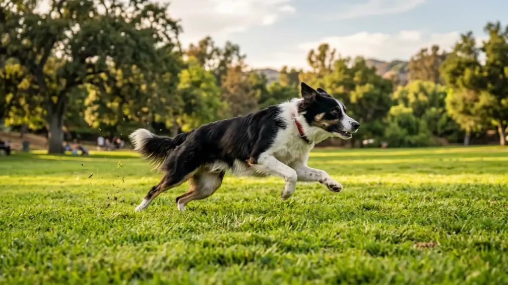 High-energy dog running across a park.