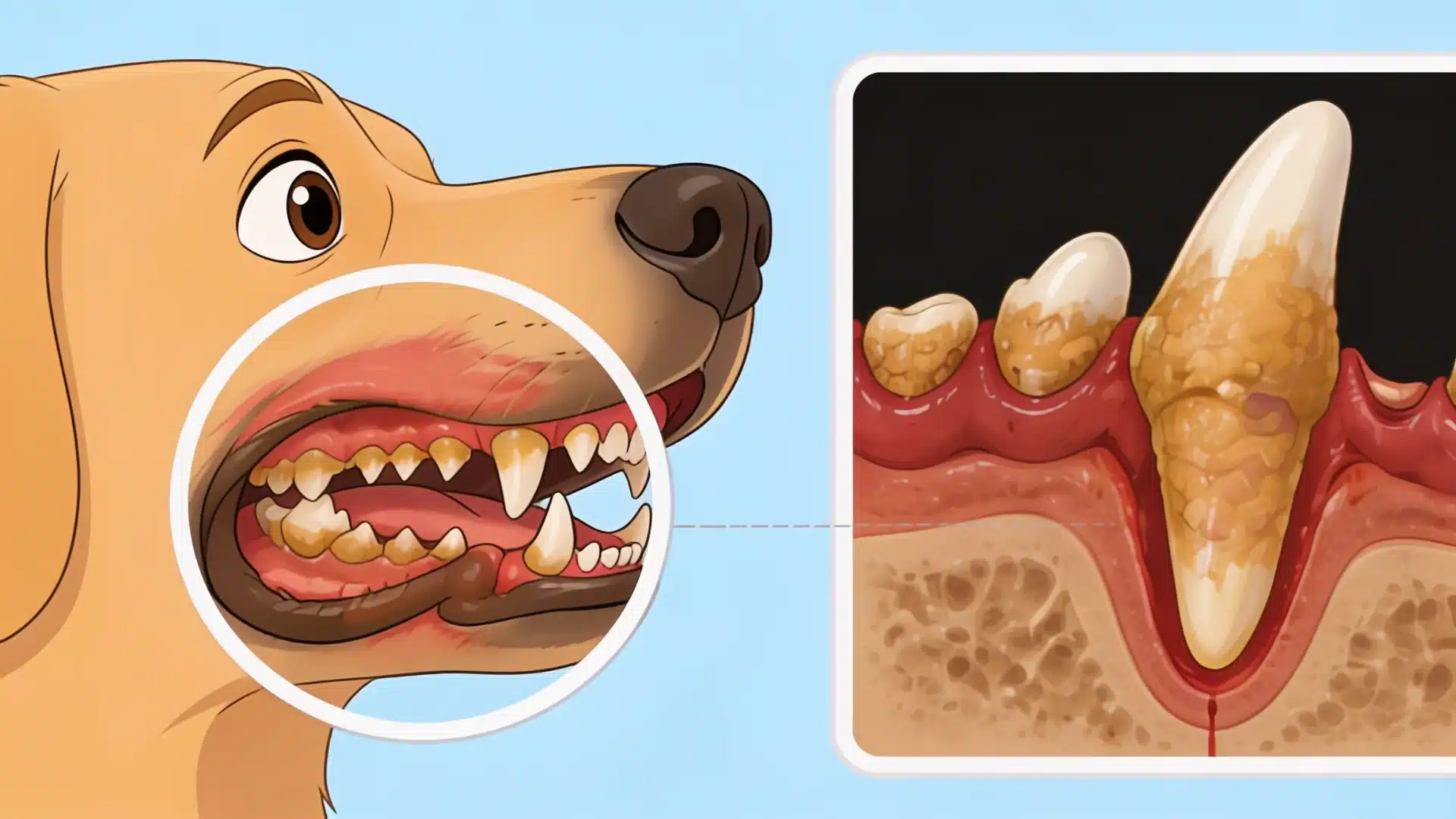 Illustration of severe tartar buildup and gum disease in a dog's mouth.