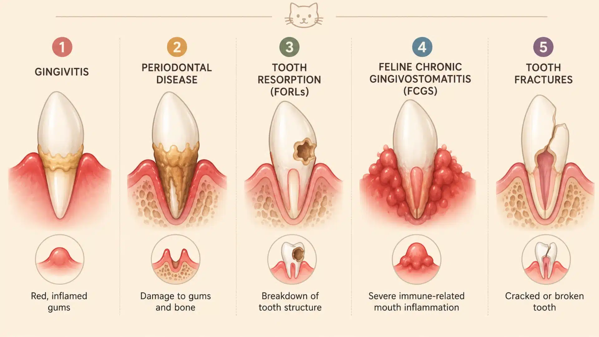 Infographic showing common cat dental diseases including gingivitis, tooth fractures, tartar, and inflamed gums