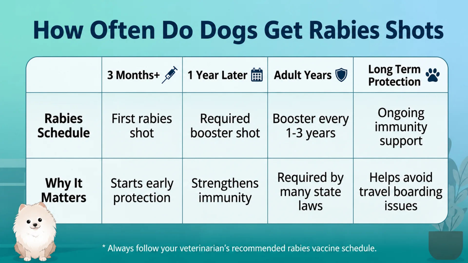 Infographic showing how often dogs get rabies shots, including puppy vaccines, boosters, and protection timeline