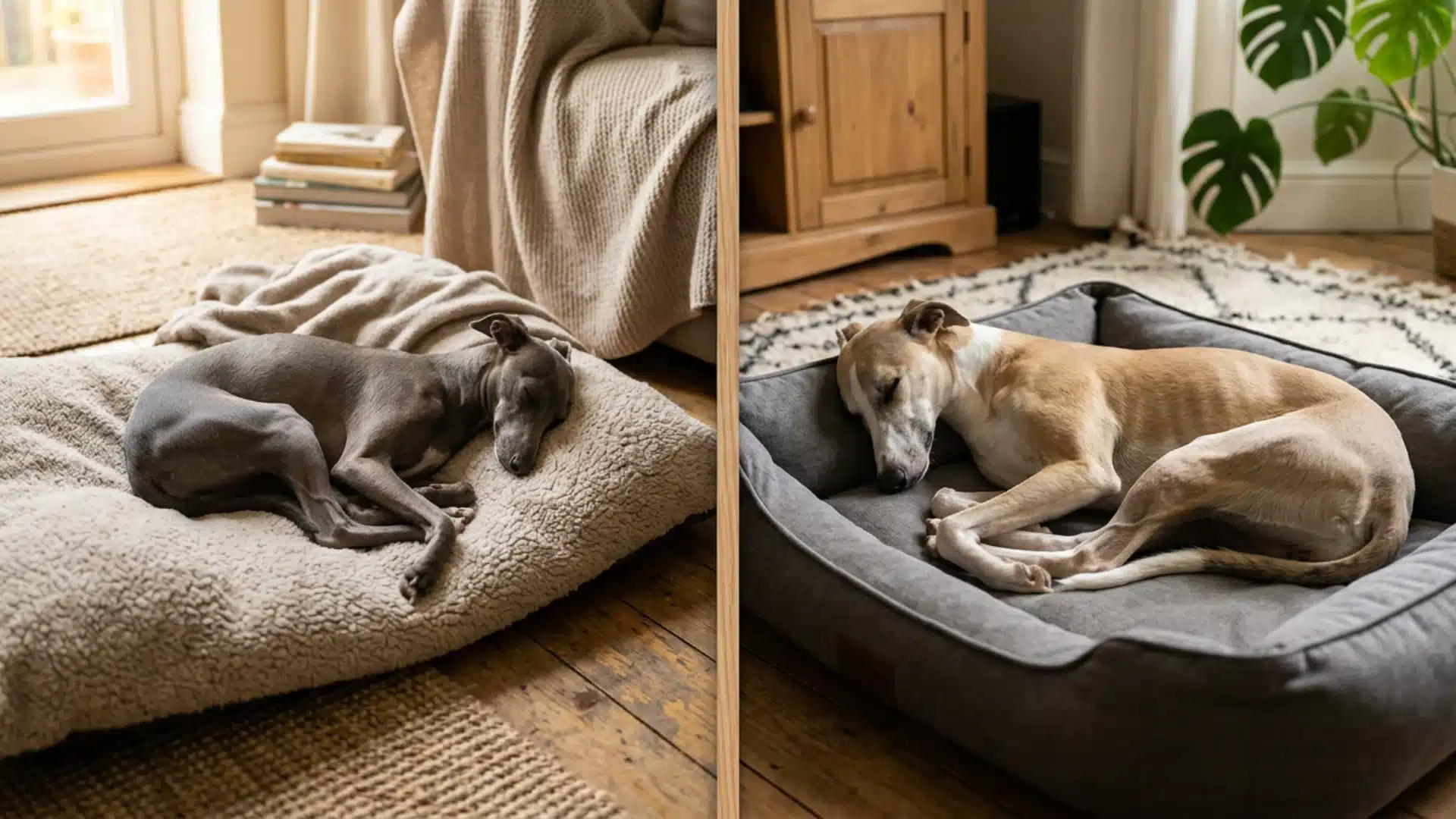 Italian Greyhound and Whippet resting indoors