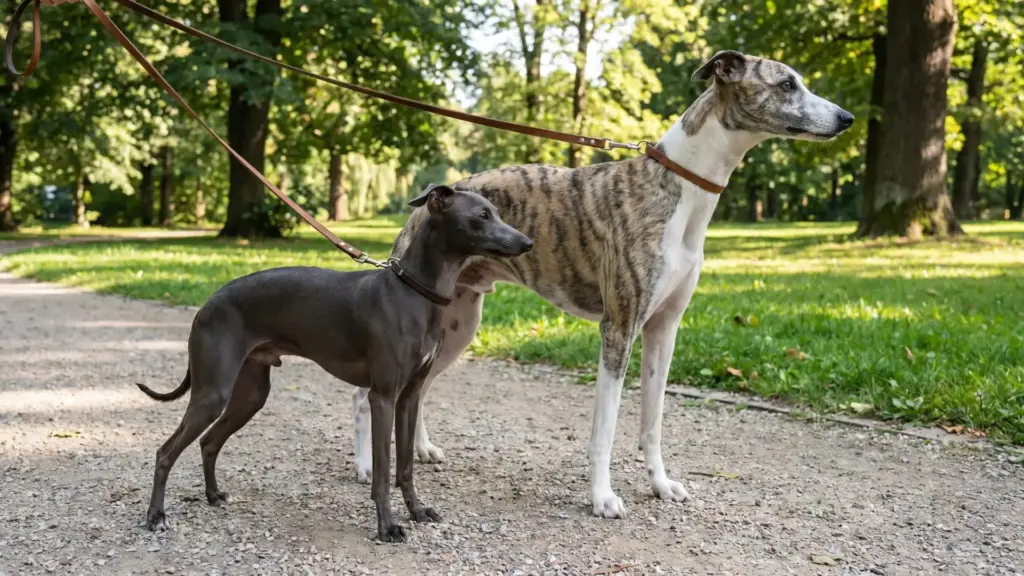 Italian Greyhound beside a Whippet on leashes