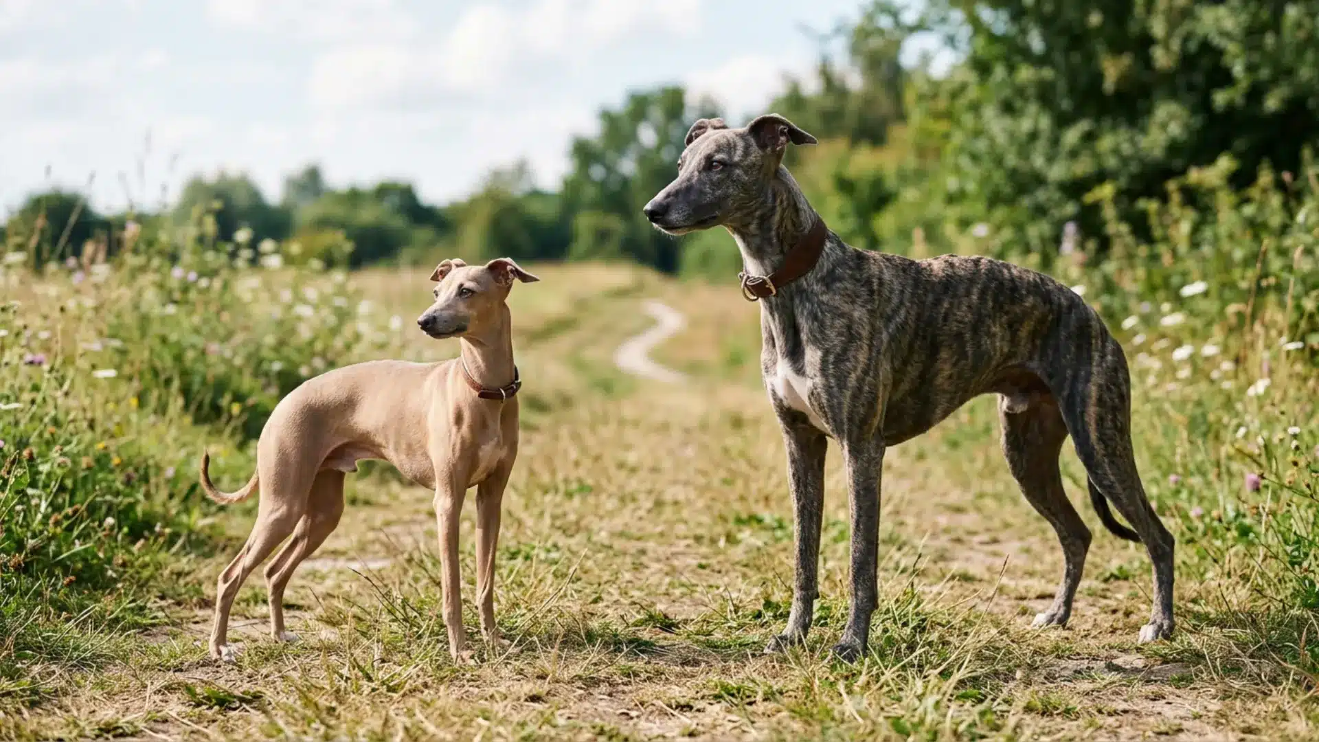 Italian Greyhound and Whippet standing side by side on a grassy path showing size difference
