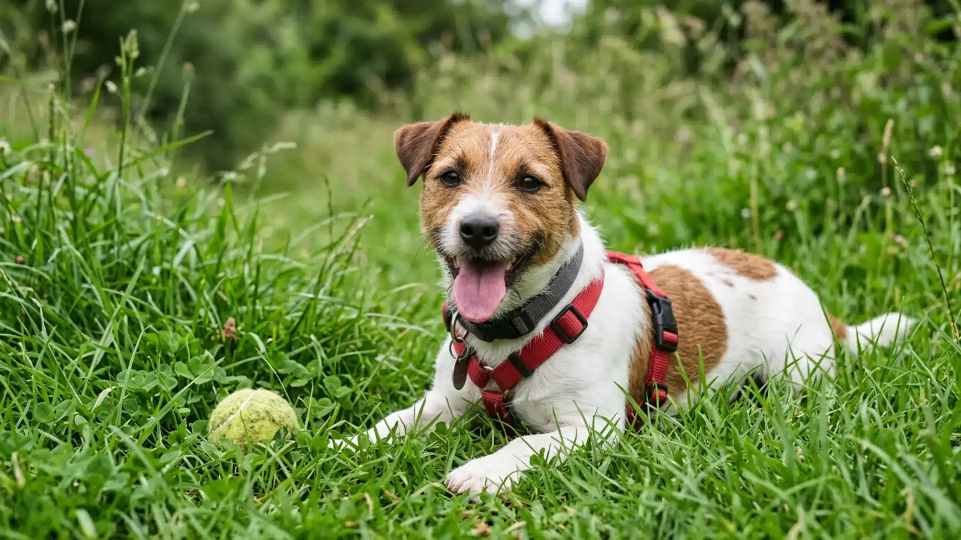 Jack Russell terrier resting in grass beside a tennis ball