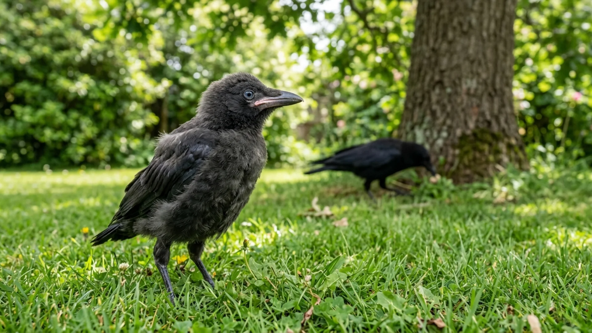 Juvenile crow standing in backyard grass
