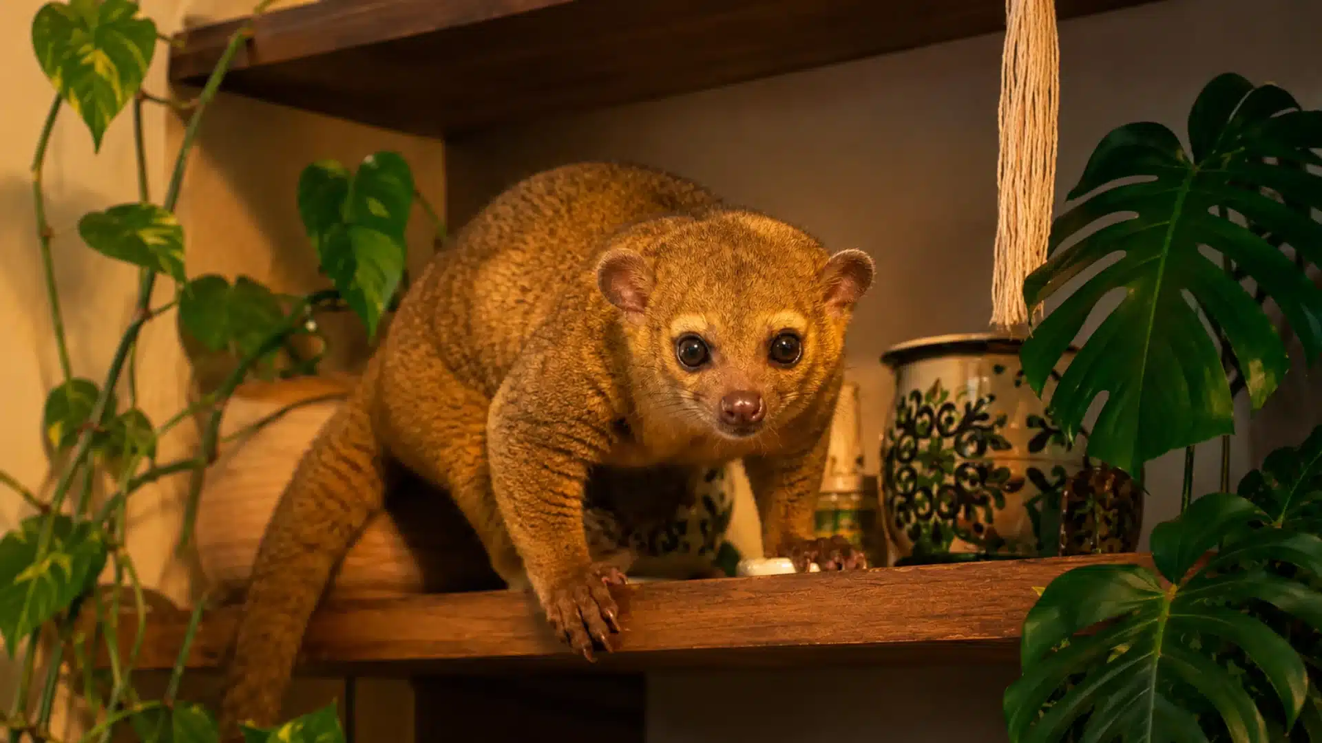 Kinkajou perched on a wooden shelf surrounded by tropical plants in a warm indoor habitat