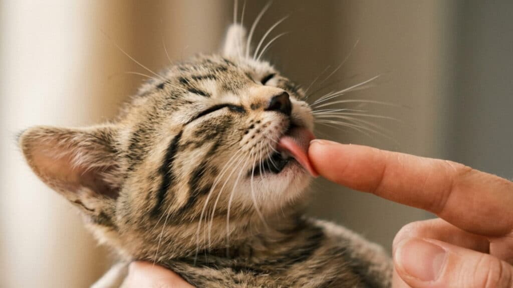 Kitten licks a human finger with its eyes closed in contentment