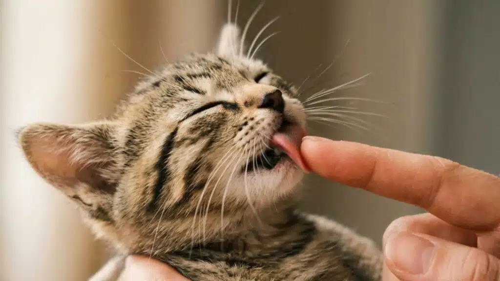 Kitten licks a human finger with its eyes closed in contentment