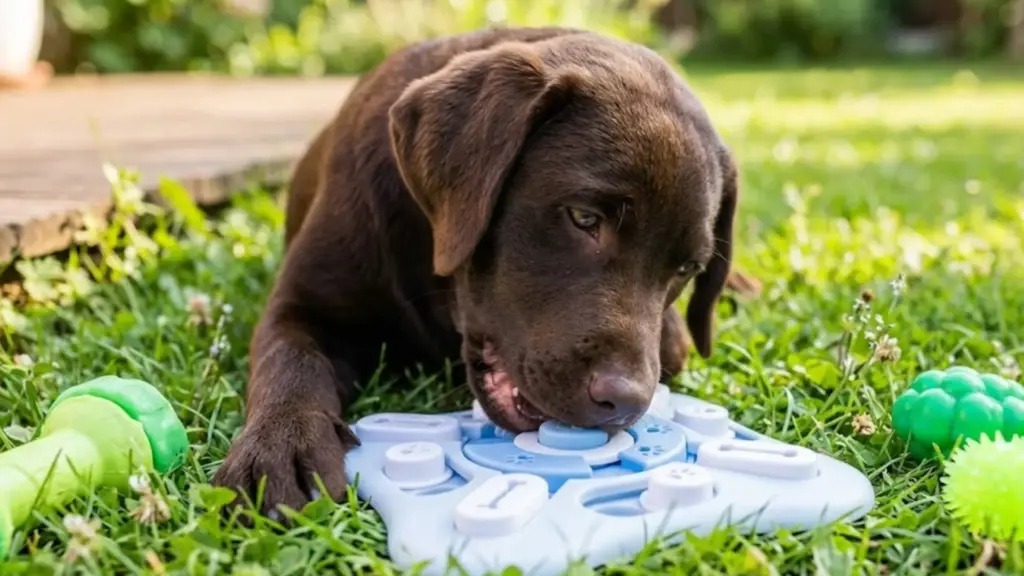 Labrador puppy playing with a blue puzzle toy in the grass outdoors