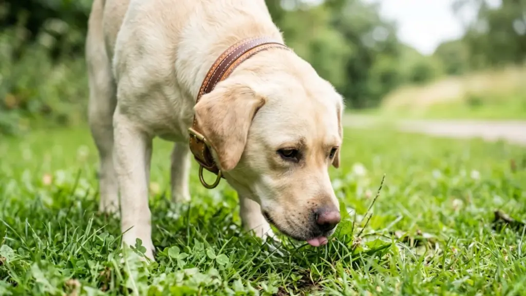 Labrador smelling grass during an outdoor walk