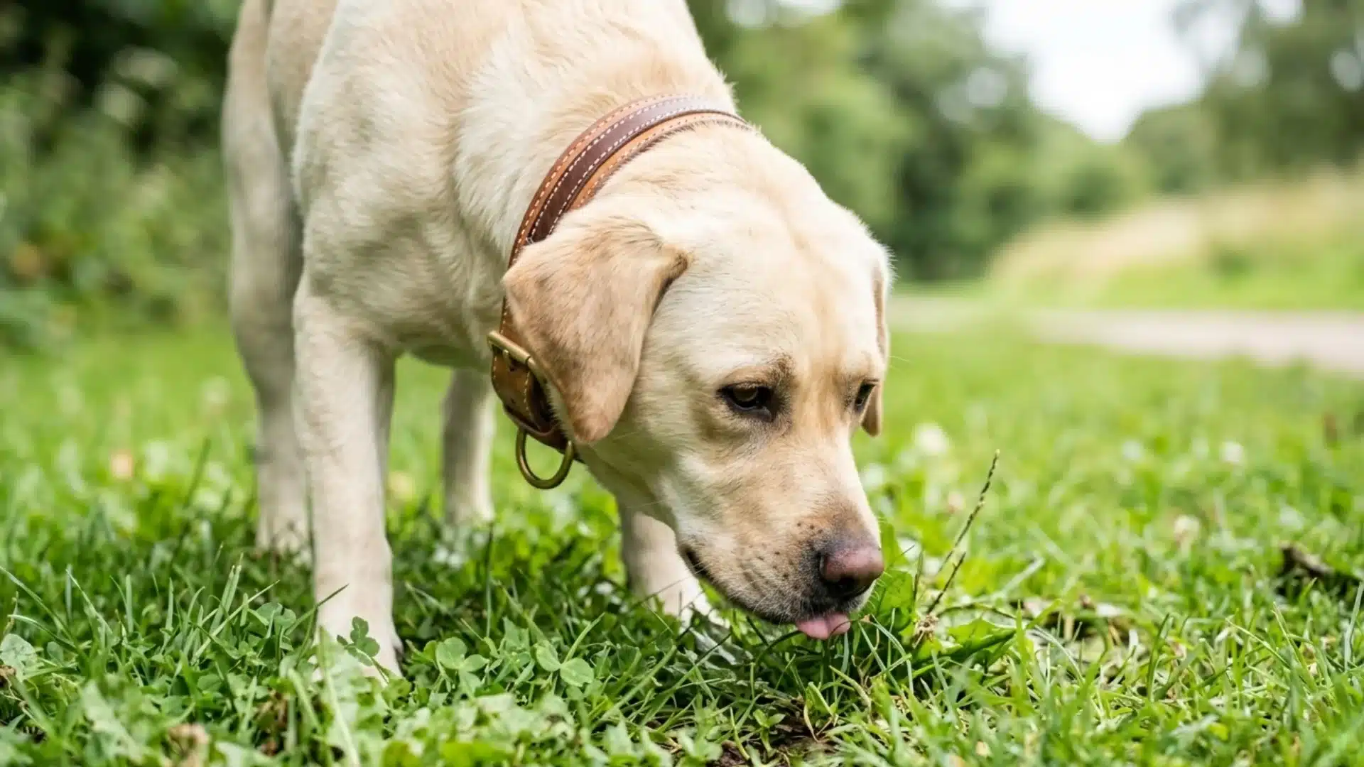 Labrador smelling grass during an outdoor walk