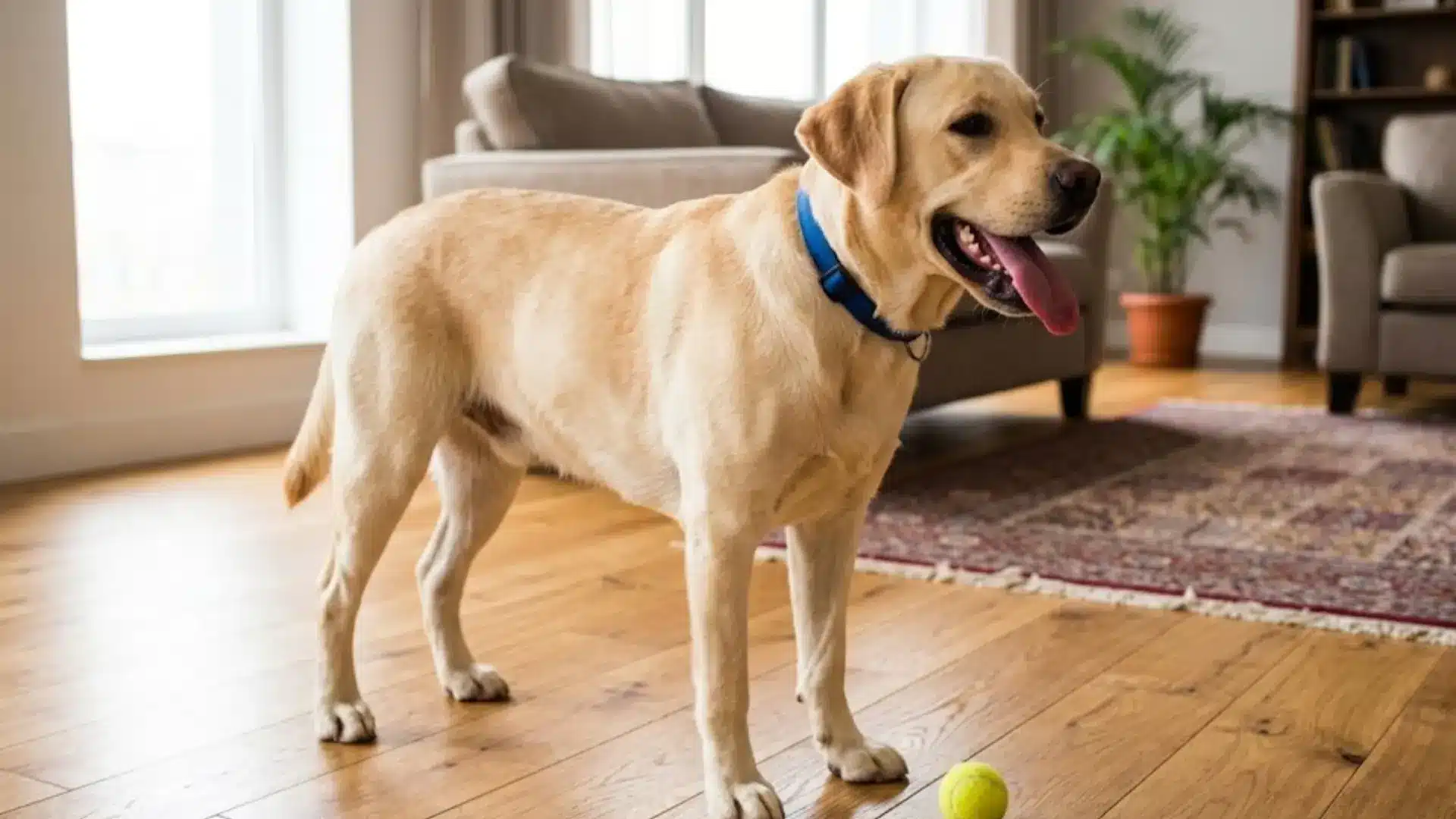 Labrador standing indoors at home beside a tennis ball
