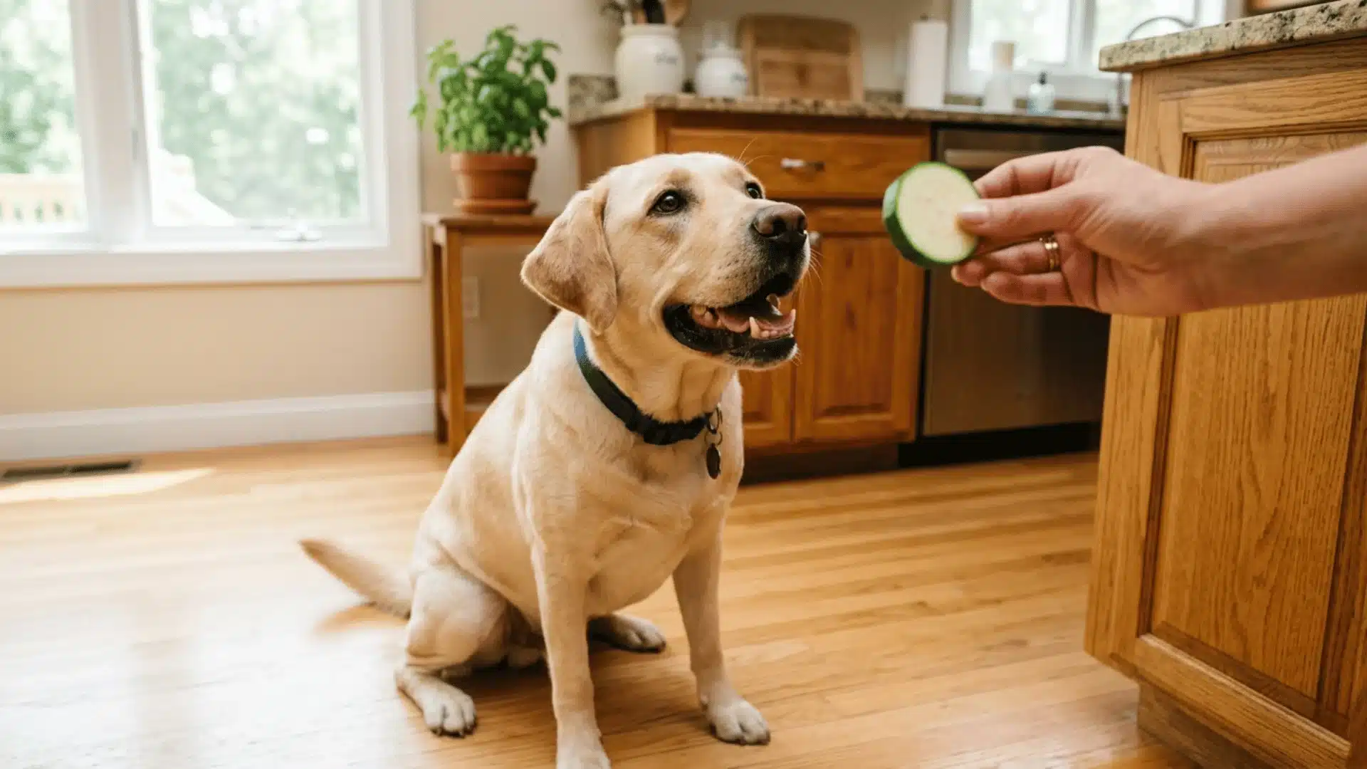 Labrador looking up at a slice of fresh zucchini held by owner in a bright kitchen