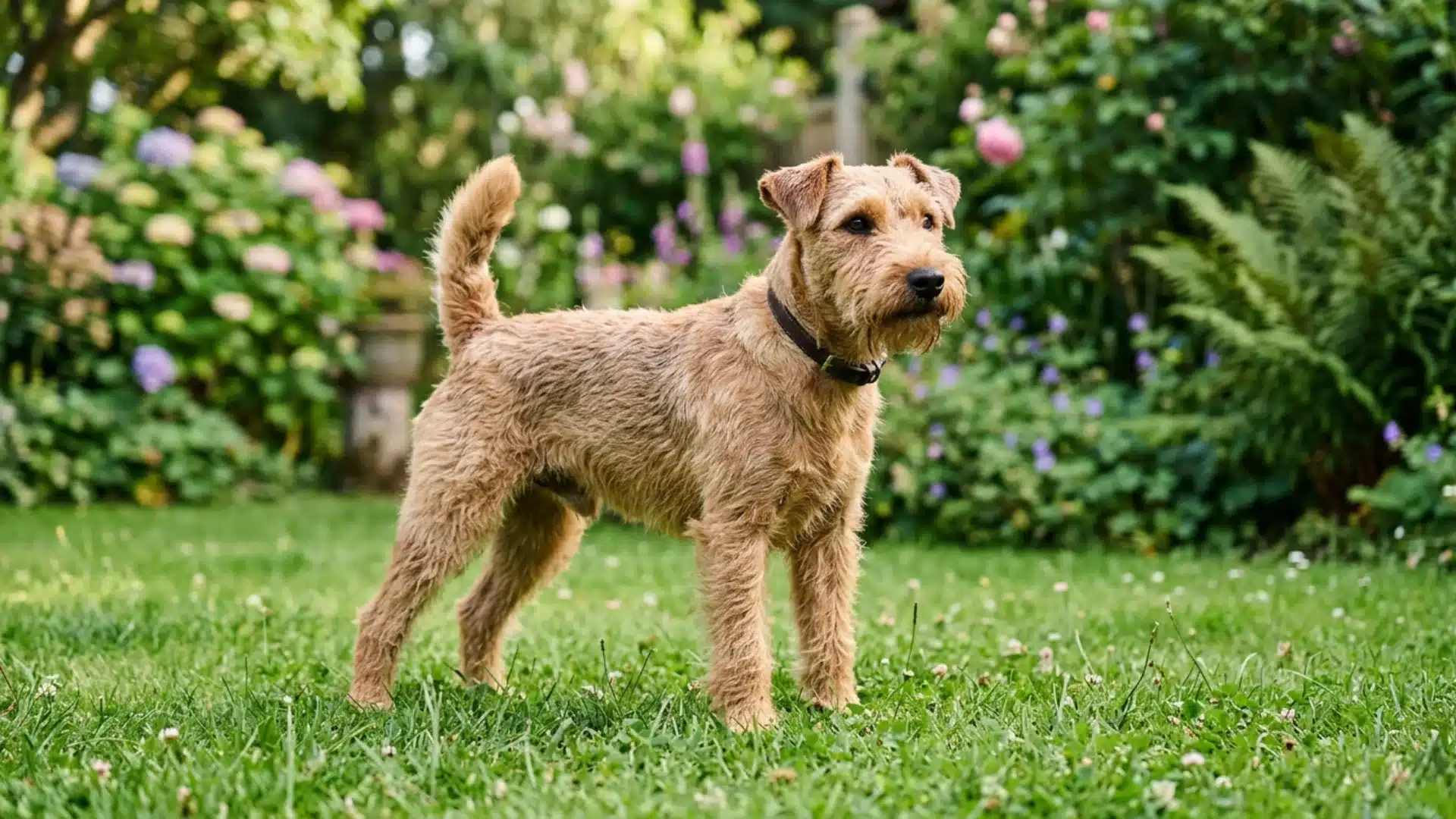 Lakeland Terrier standing on green grass in a flower-filled garden