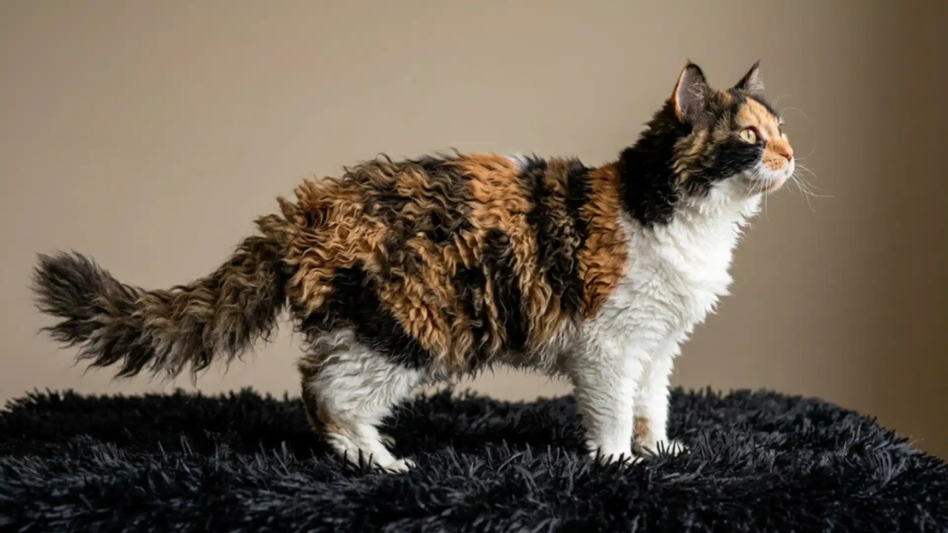LaPerm calico cat on black rug