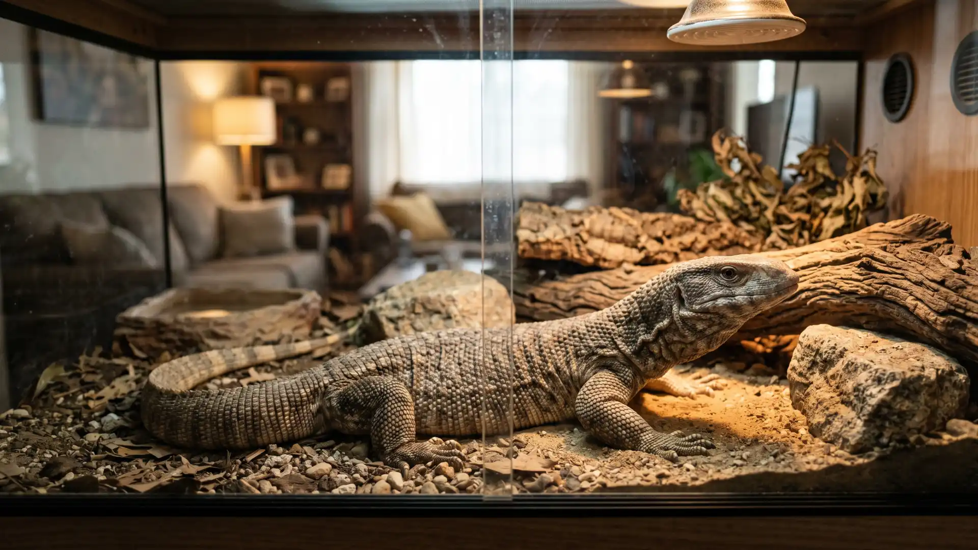 Large monitor lizard resting in a natural terrarium with warm lighting inside a cozy home interior