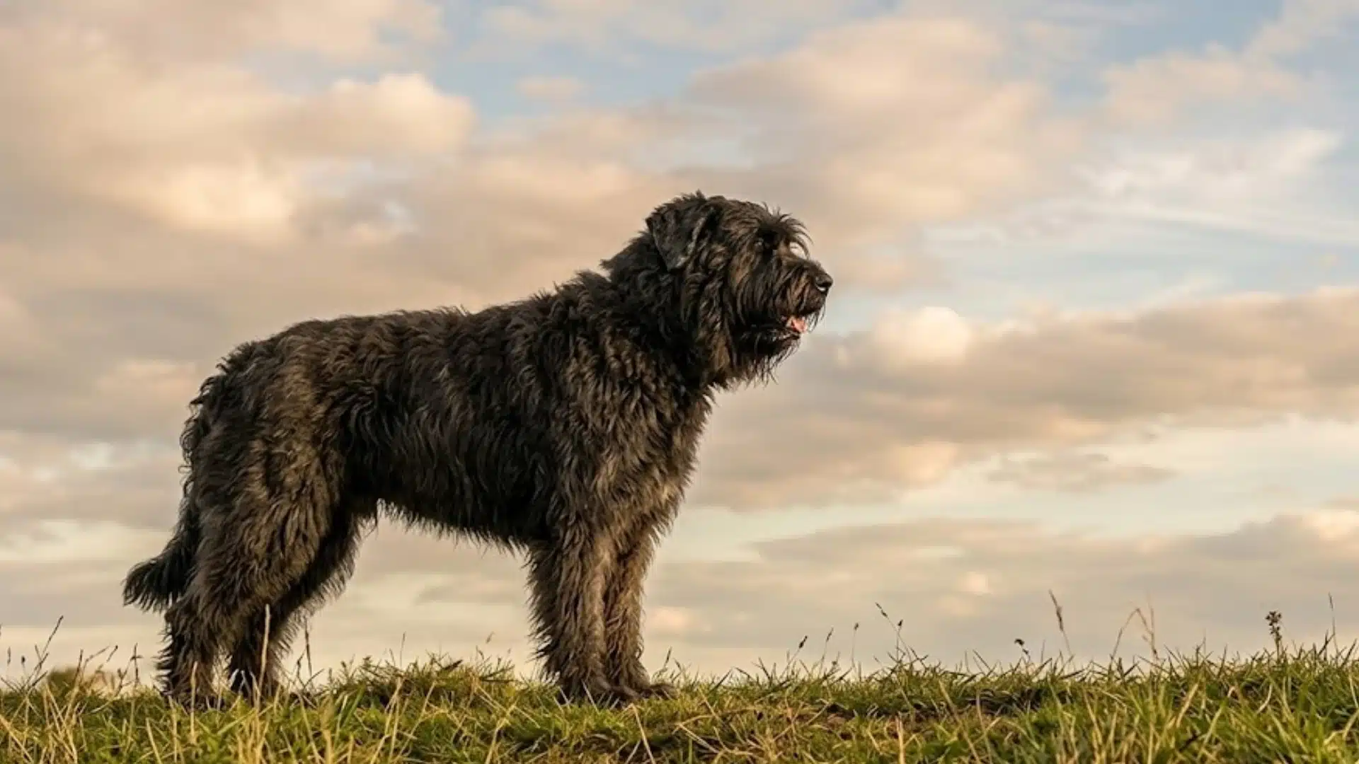 Large shaggy dark dog standing on a grassy hill under a cloudy sky with warm evening light