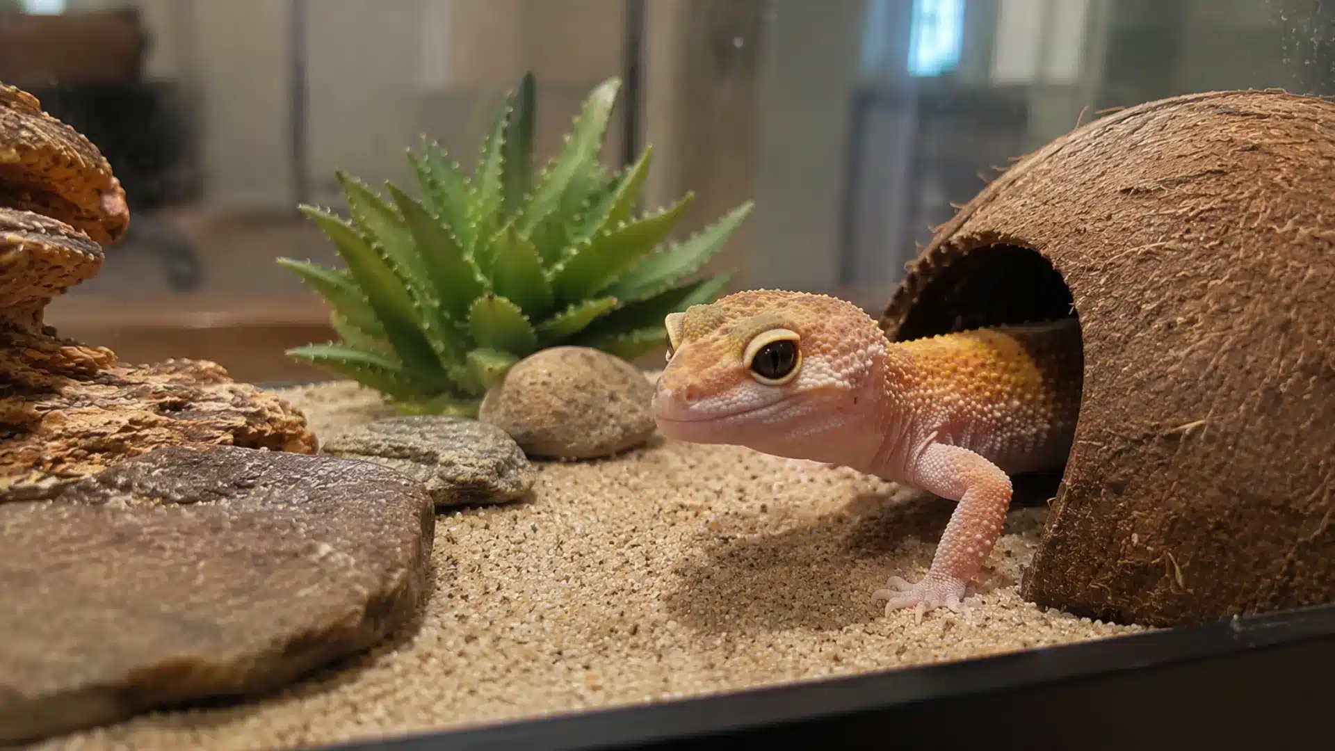 Leopard gecko inside a cozy home terrarium with sand, rocks, and warm indoor lighting