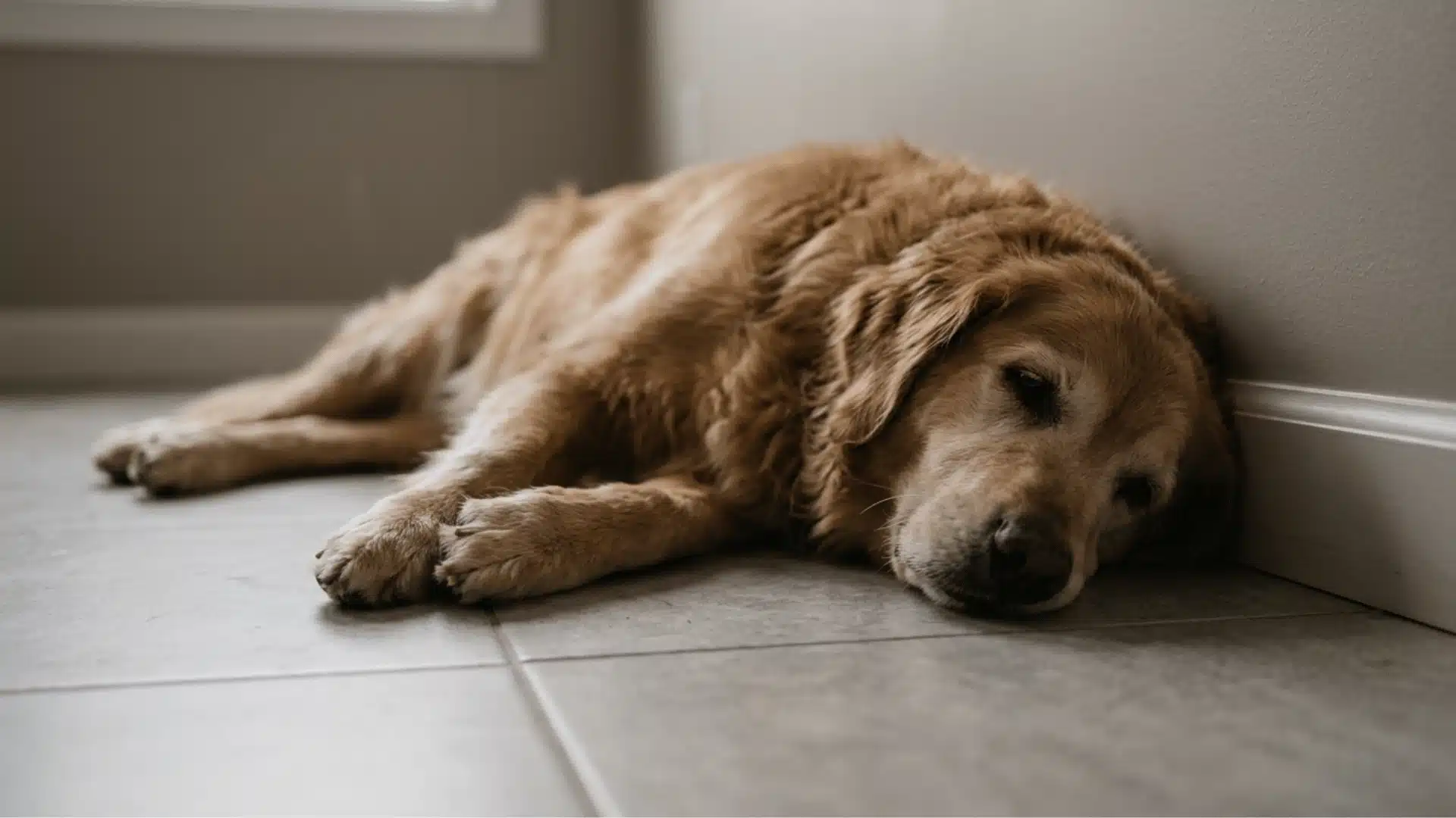 Lethargic dog lying on a tile floor, illustrating signs of trazodone overdose or adverse reaction in dogs