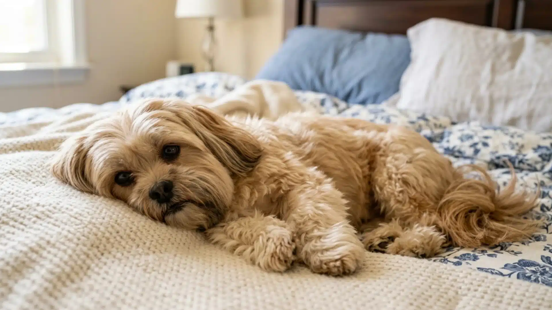 Lhasa Apso lying on a gray bedspread with another black and white dog resting in the background