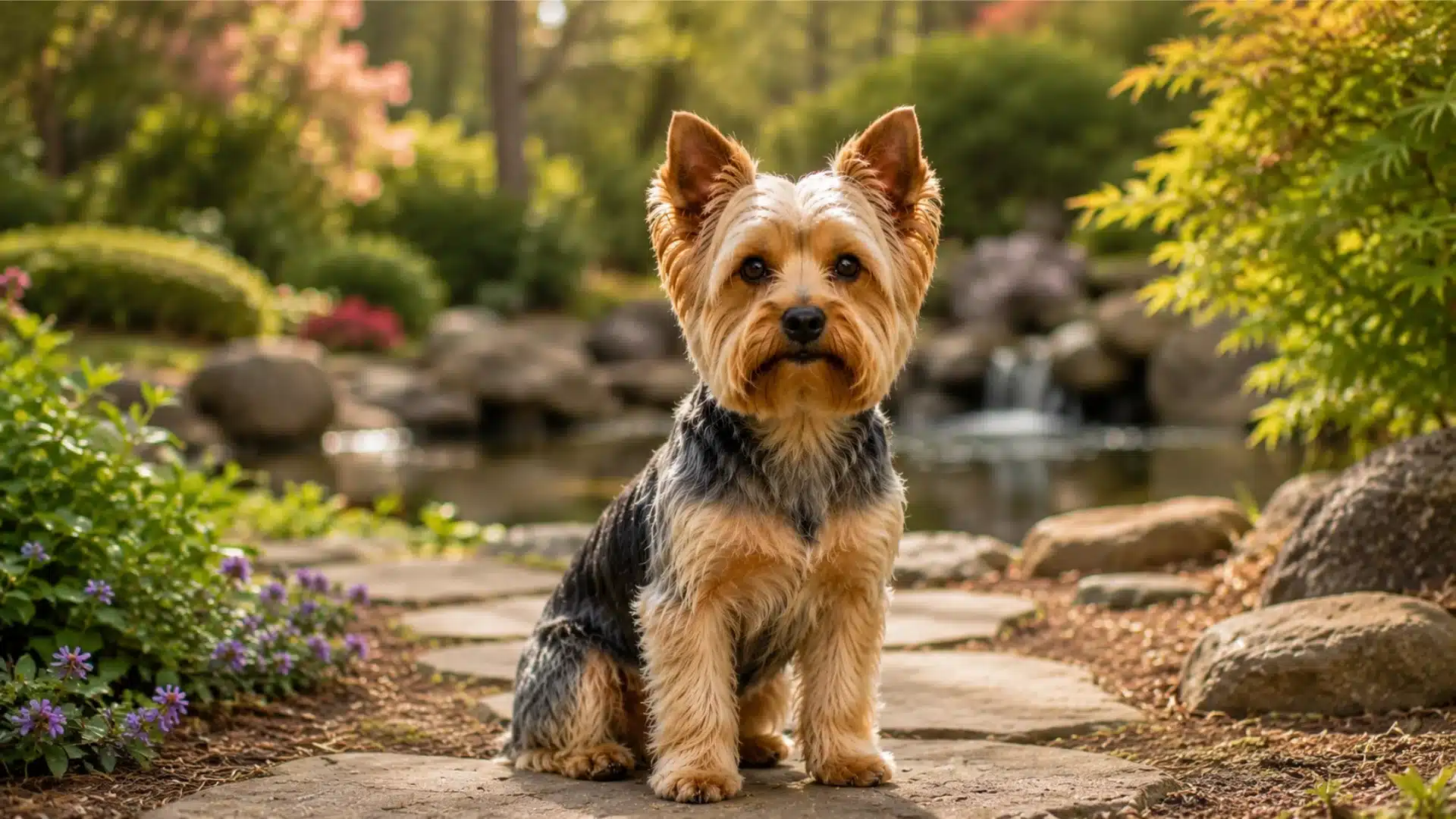 Long Face Yorkie sitting on a garden path beside a pond