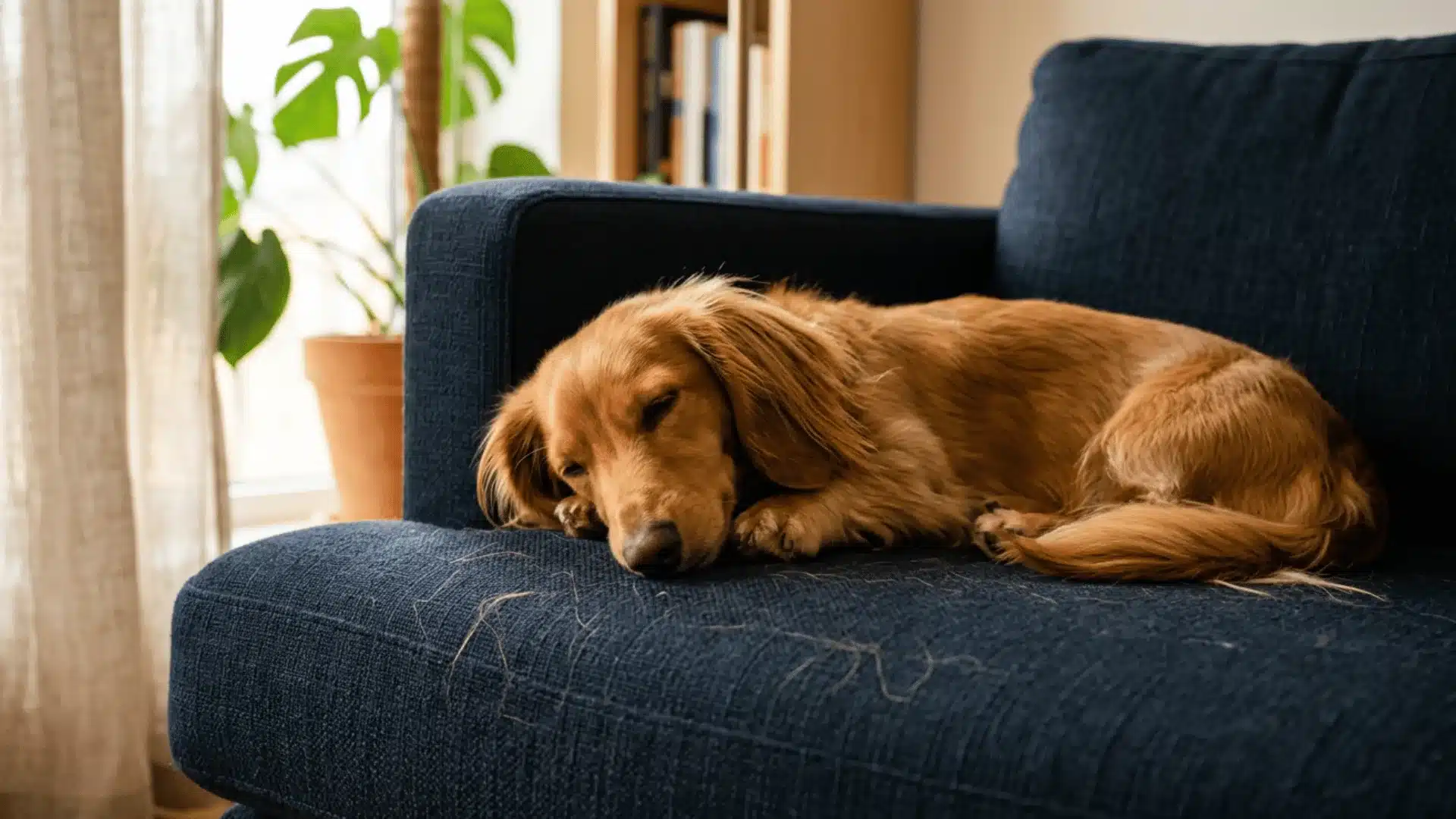 Long-haired dachshund resting on a blue couch with loose fur visible in a cozy sunlit living room