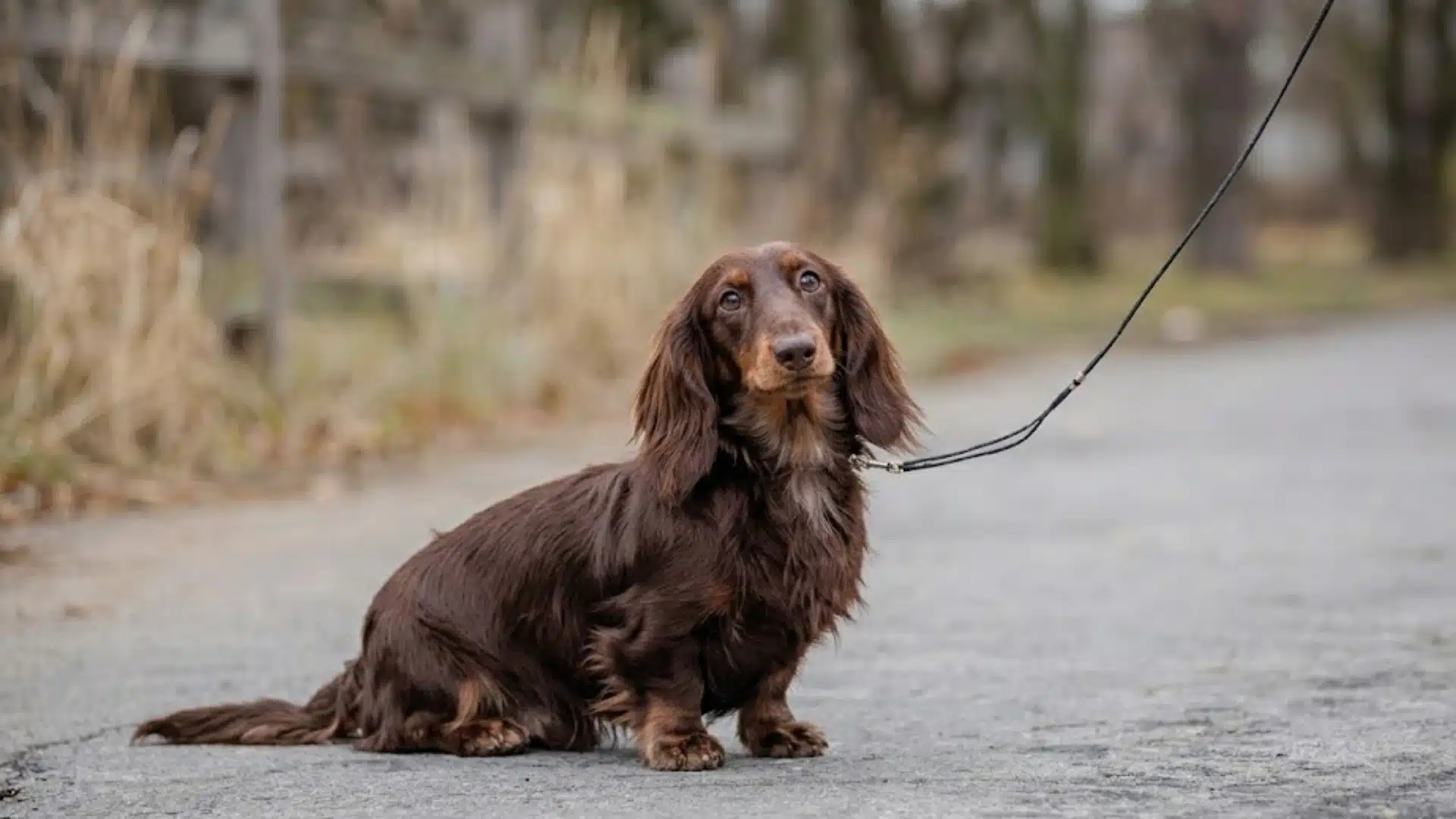Long haired dachshund sitting on a road outdoors with a leash, showing its thick brown flowing coat