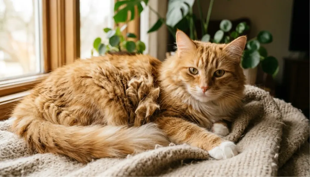 Long haired orange cat with severe matted fur lying on a blanket near a window