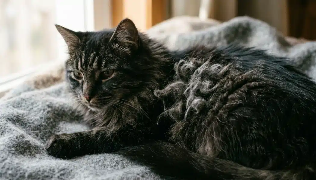 Long haired black cat with severe matted fur resting on a gray blanket near a window
