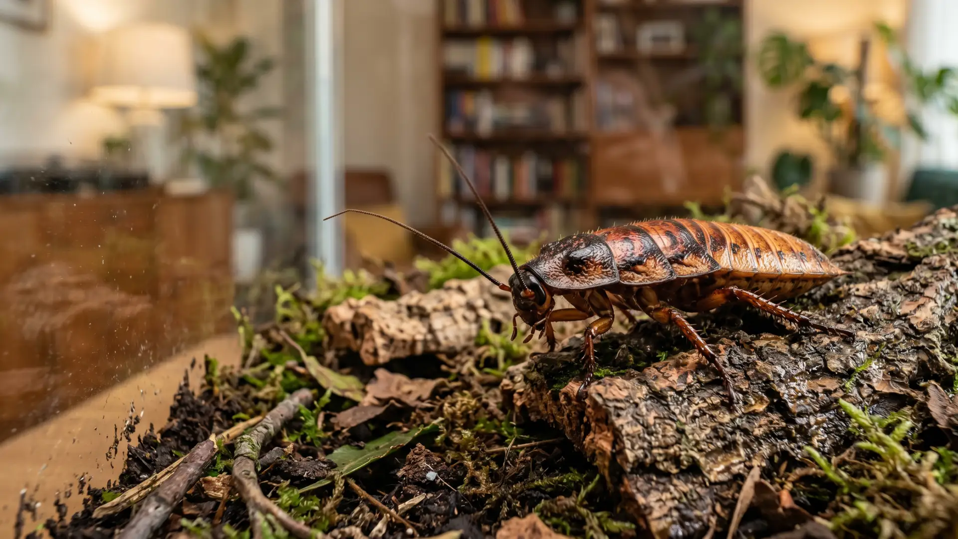 Madagascar hissing cockroach inside a natural terrarium with bark, moss, and cozy home background