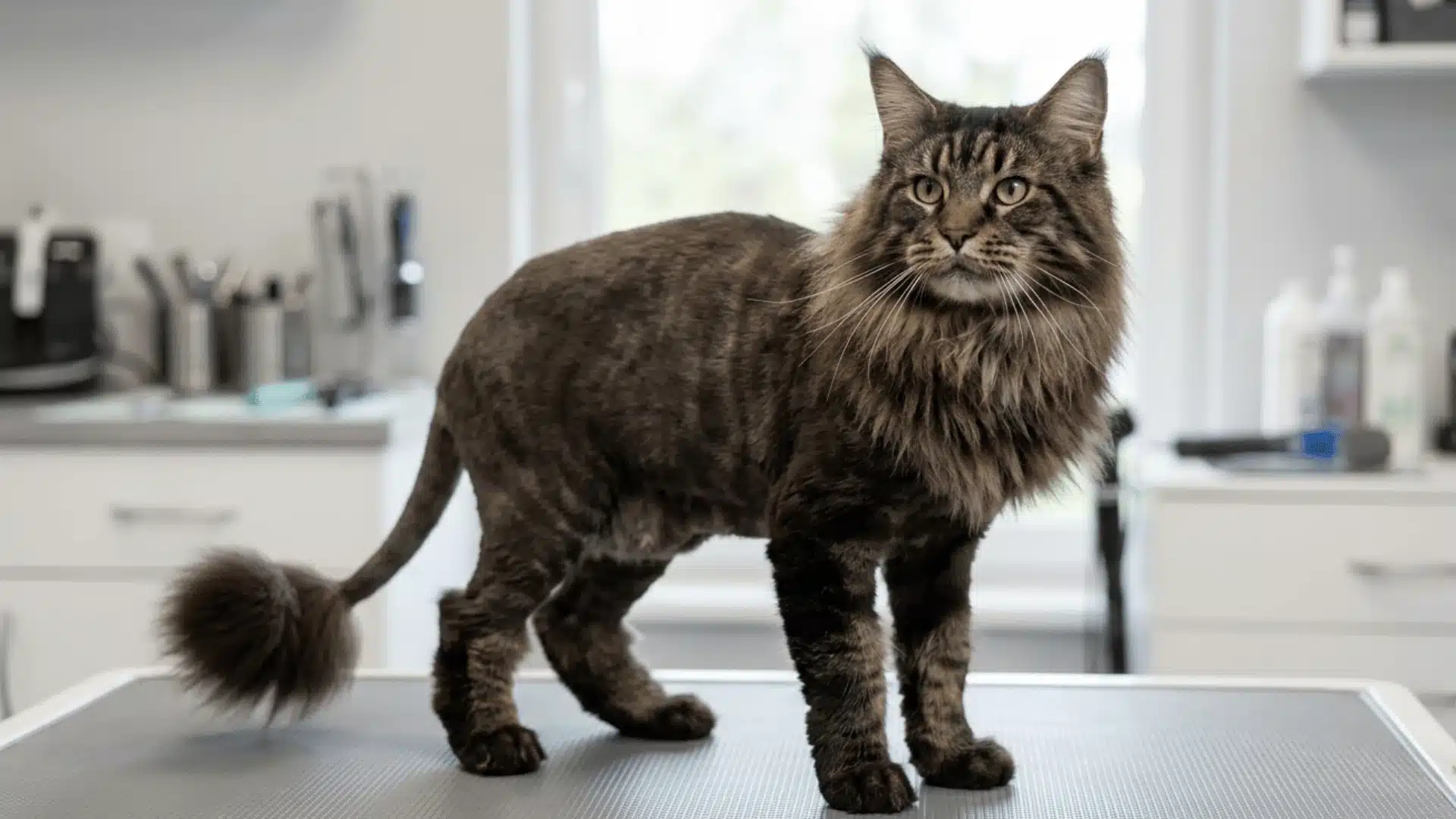 Maine Coon with classic lion cut, full mane, boots, and pom tail