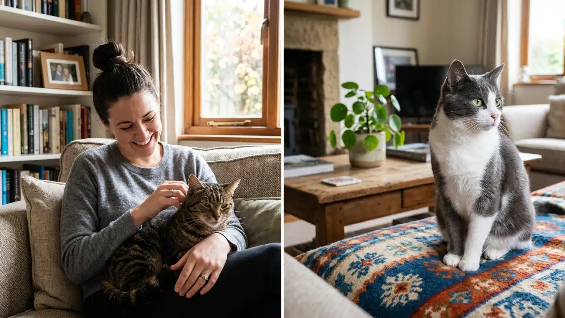 Male cat showing open affection versus female cat expressing calm bonded affection indoors.