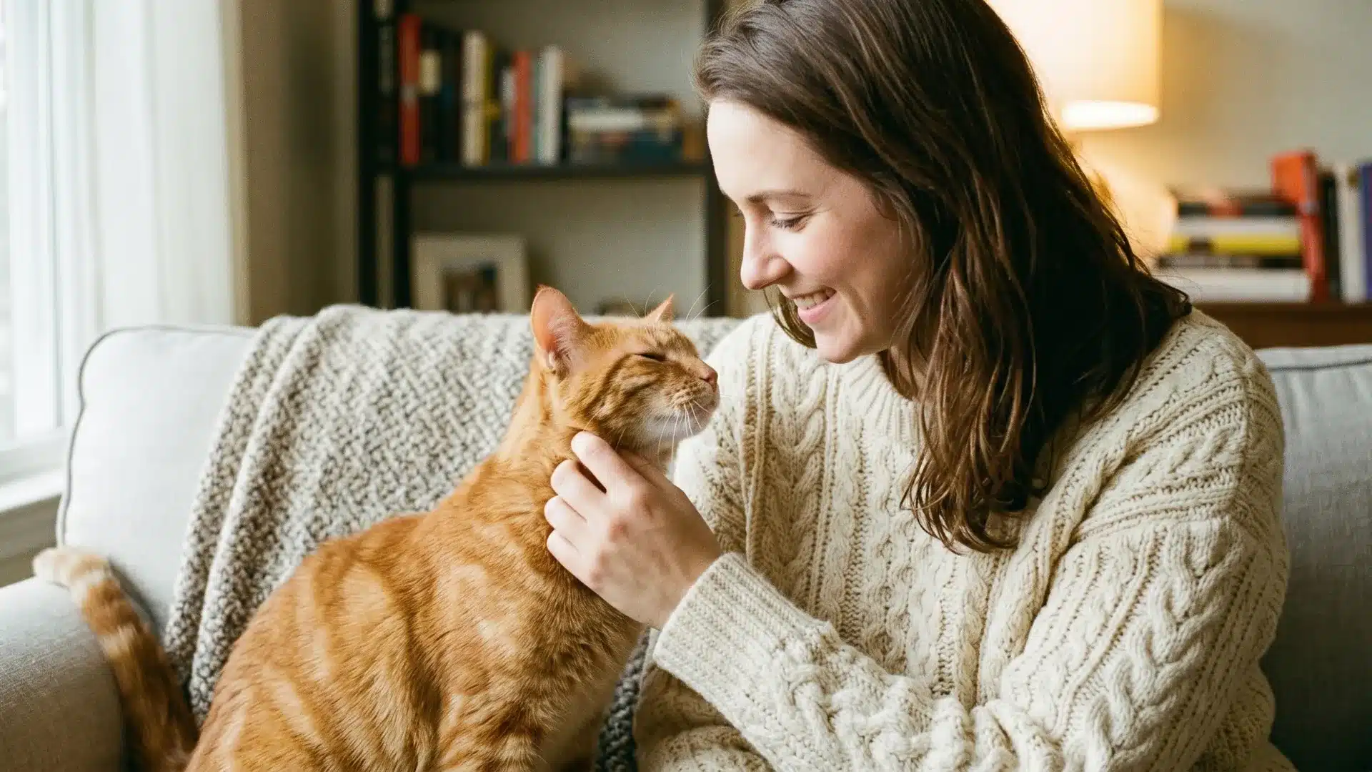 Male tabby cat nuzzling owner's cheek affectionately in warm indoor lighting.