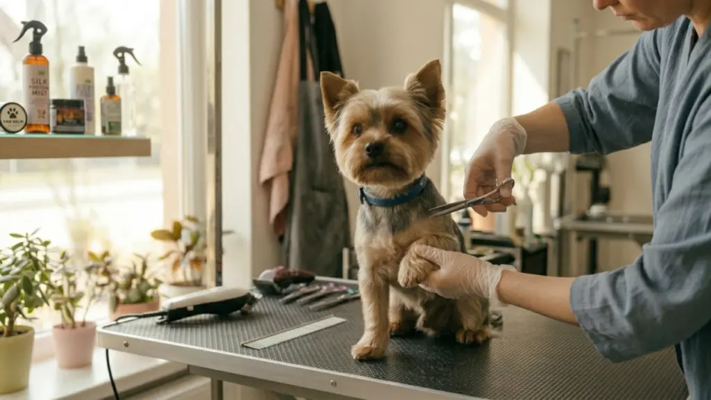 Male Yorkie getting a haircut at a grooming salon