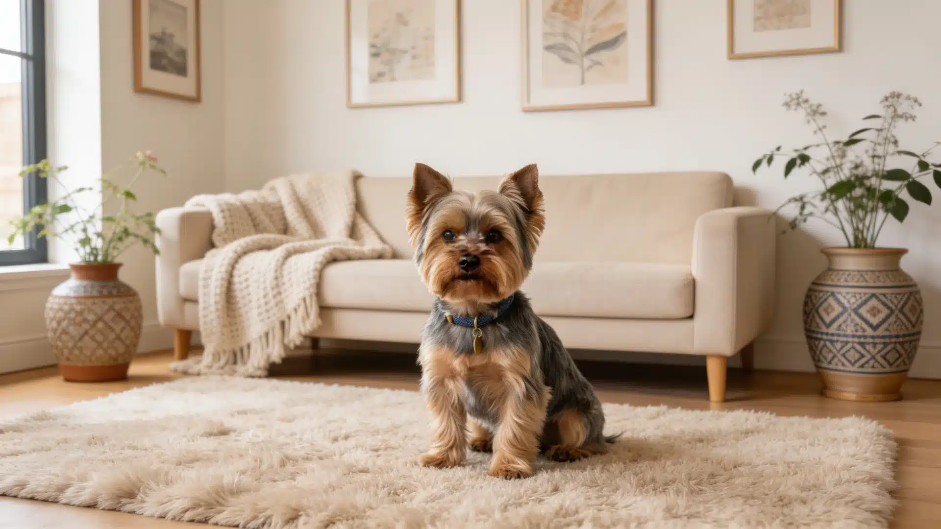 Male Yorkie with a layered haircut and soft textured coat.