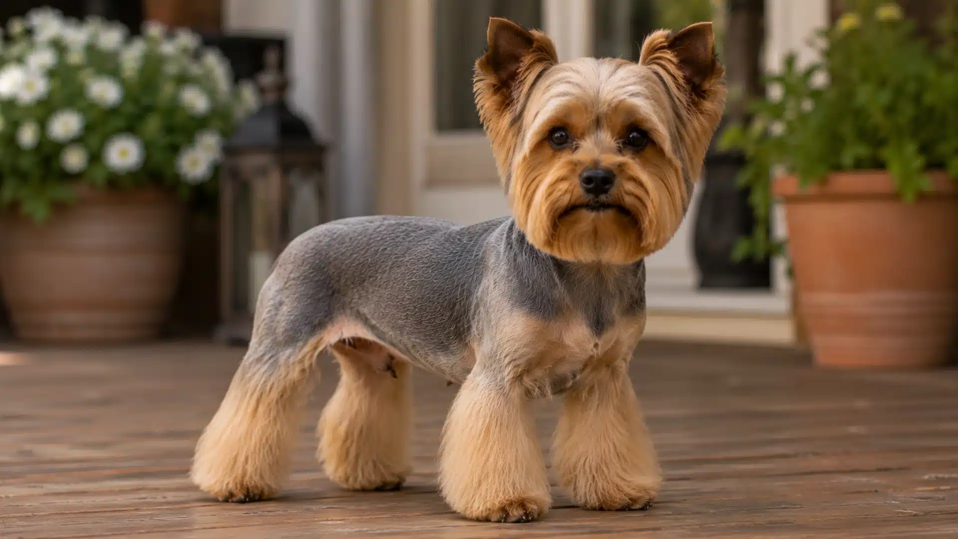 Male Yorkie with Flared Leg Cut