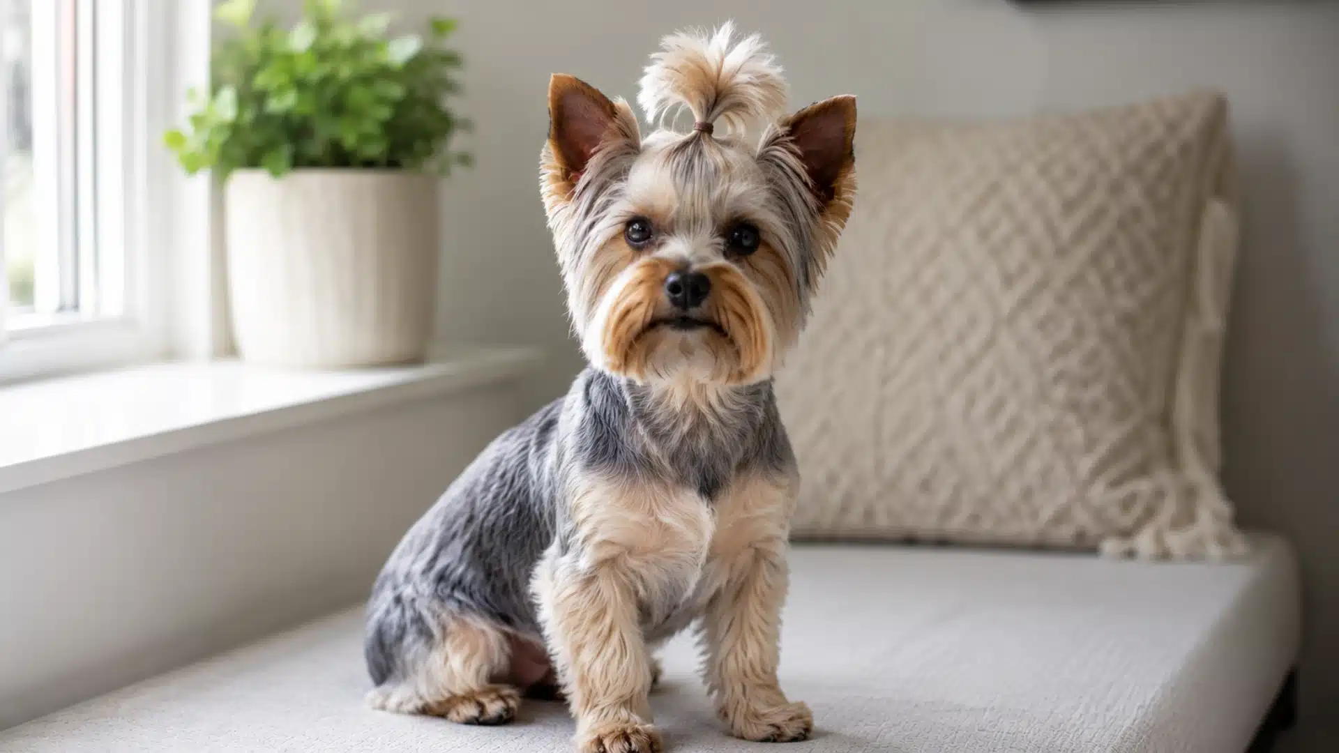 Male Yorkie with Top Knot Cut
