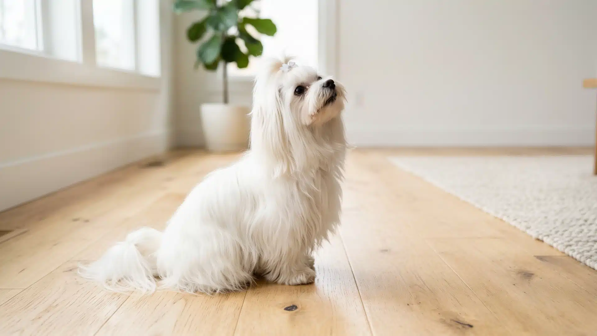 Maltese dog with silky white coat looking up