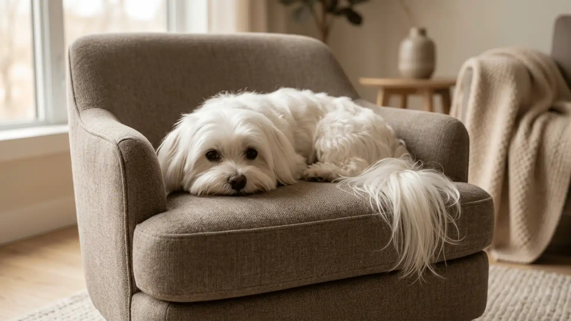 Maltese resting on a taupe armchair in a warm minimal room (1)