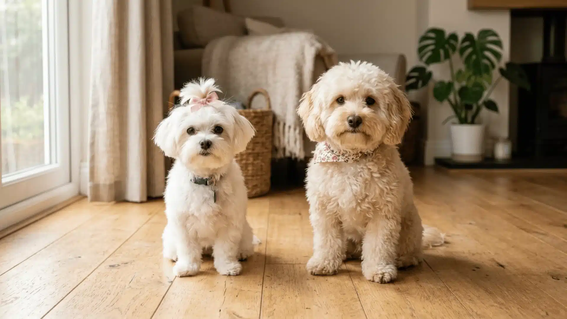 Maltese and Maltipoo sitting on a wooden floor in a cozy living room