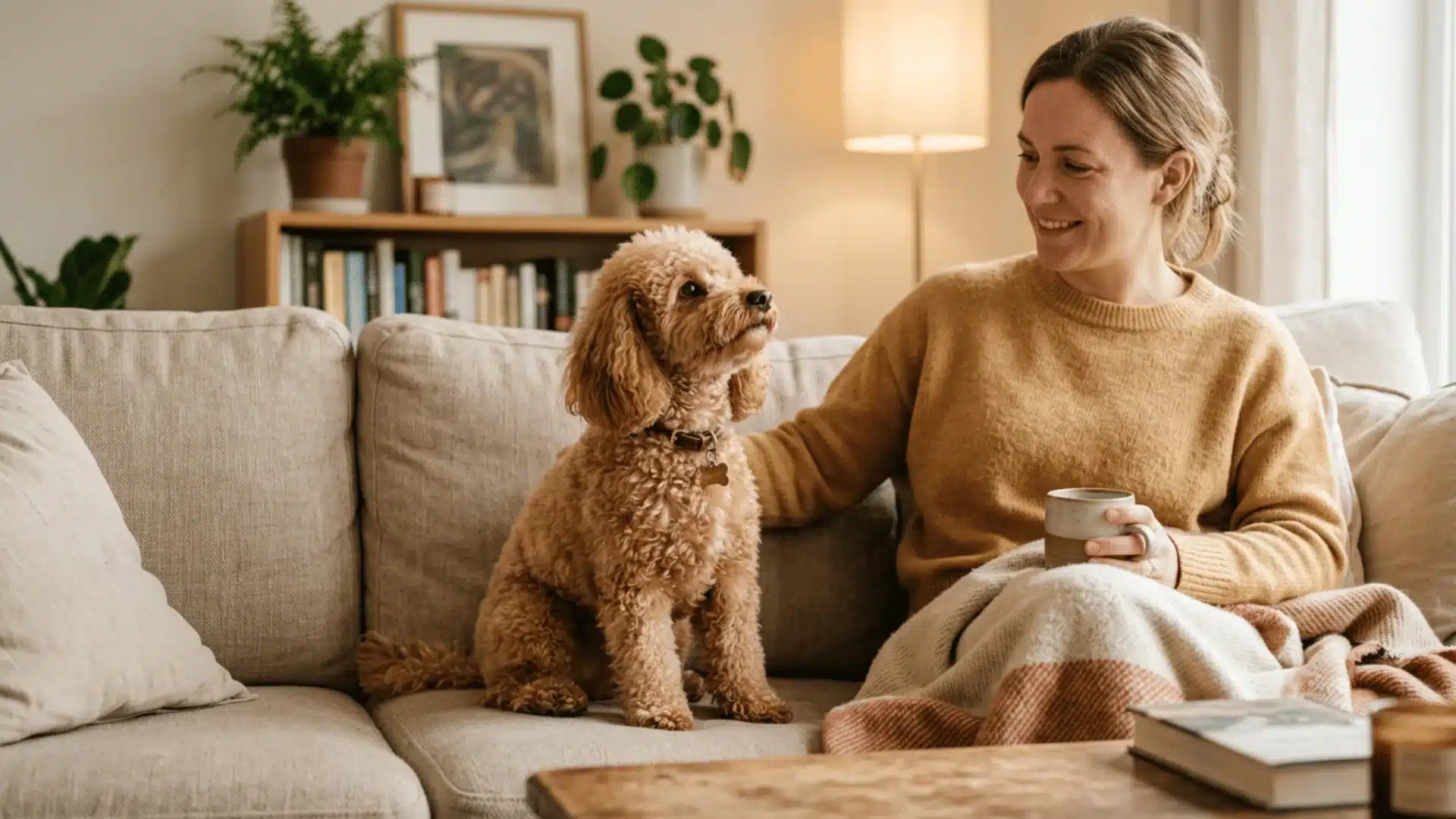 Miniature poodle sitting beside owner on couch, showing poodle emotional intelligence and bonding